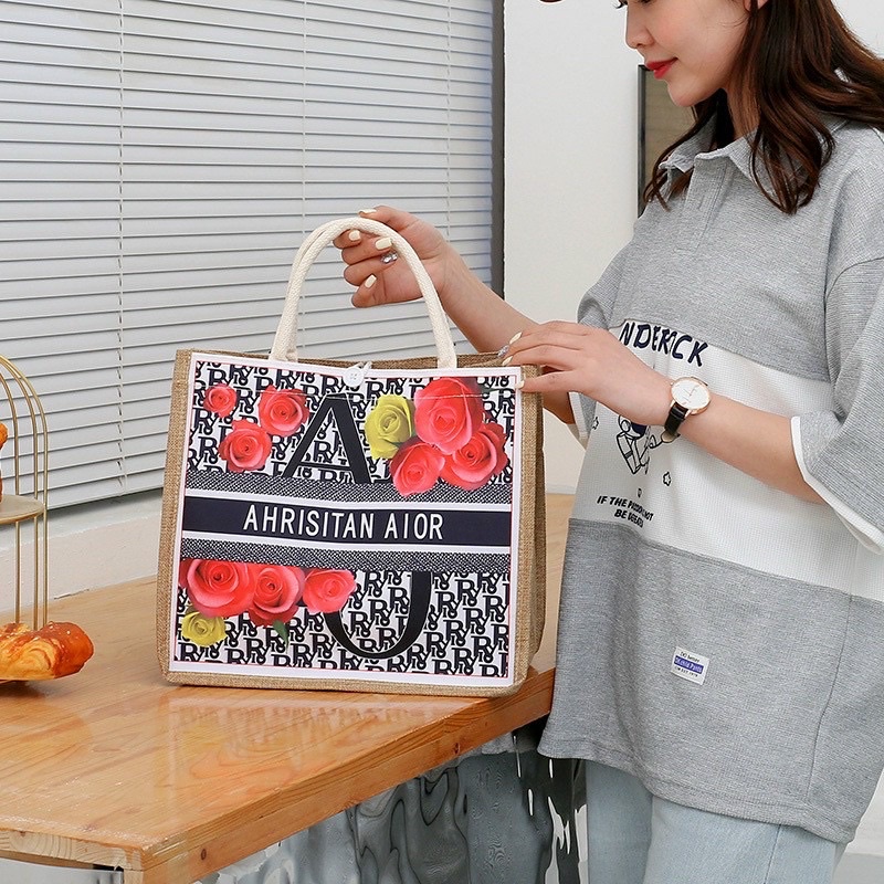 Túi cói vintage đi biển xách tay nữ size lớn vải bố lanh cao cấp Hàn Quốc