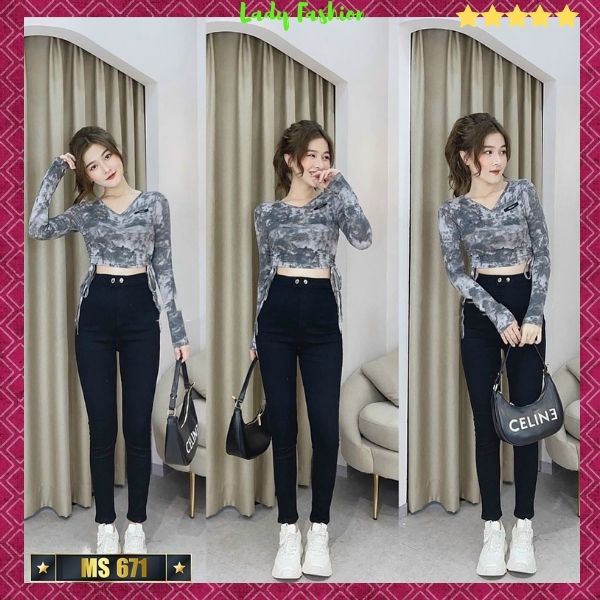 Quần Jean nữ lưng cao siêu xinh thời trang Lady Fashion, Quần bò nữ cạp cao mẫu mới phối 2 nút ngang đẹp mê ly - MQ671