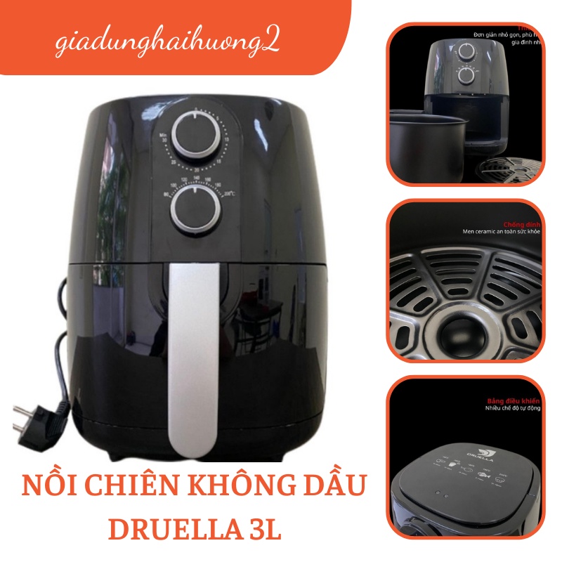 Nồi chiên không dầu Mini Druella dung tích 3L bảo hành 1 năm