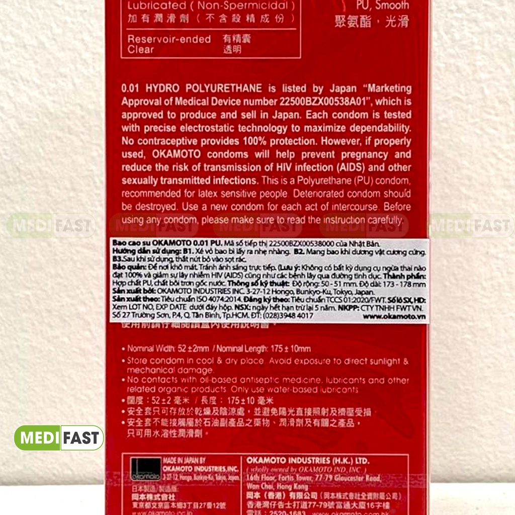 Bao Cao su Okamoto 0.01 Zero One PU Siêu mỏng truyền nhiệt nhanh, kéo dài thời gian - giao hàng che tên, kín đáo