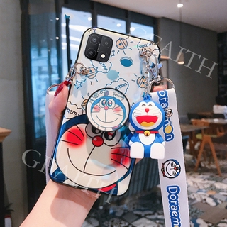 Ốp Điện Thoại Cho OPPO A15 2020 Mới Blu-ray Doremon Hoạt Hình Búp Bê Giá Đỡ Với Dây Đeo Chữ Thời Trang Ốp Lưng Cho OPPOA15 Vỏ