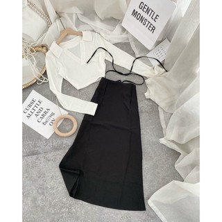 Set crop tay dài trắng+ c.v midi đen cột eo 🎉