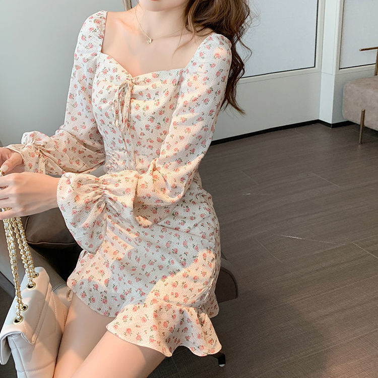 Đầm hoa tay dài cổ vuông phối dây rút thời trang nữ dễ thương