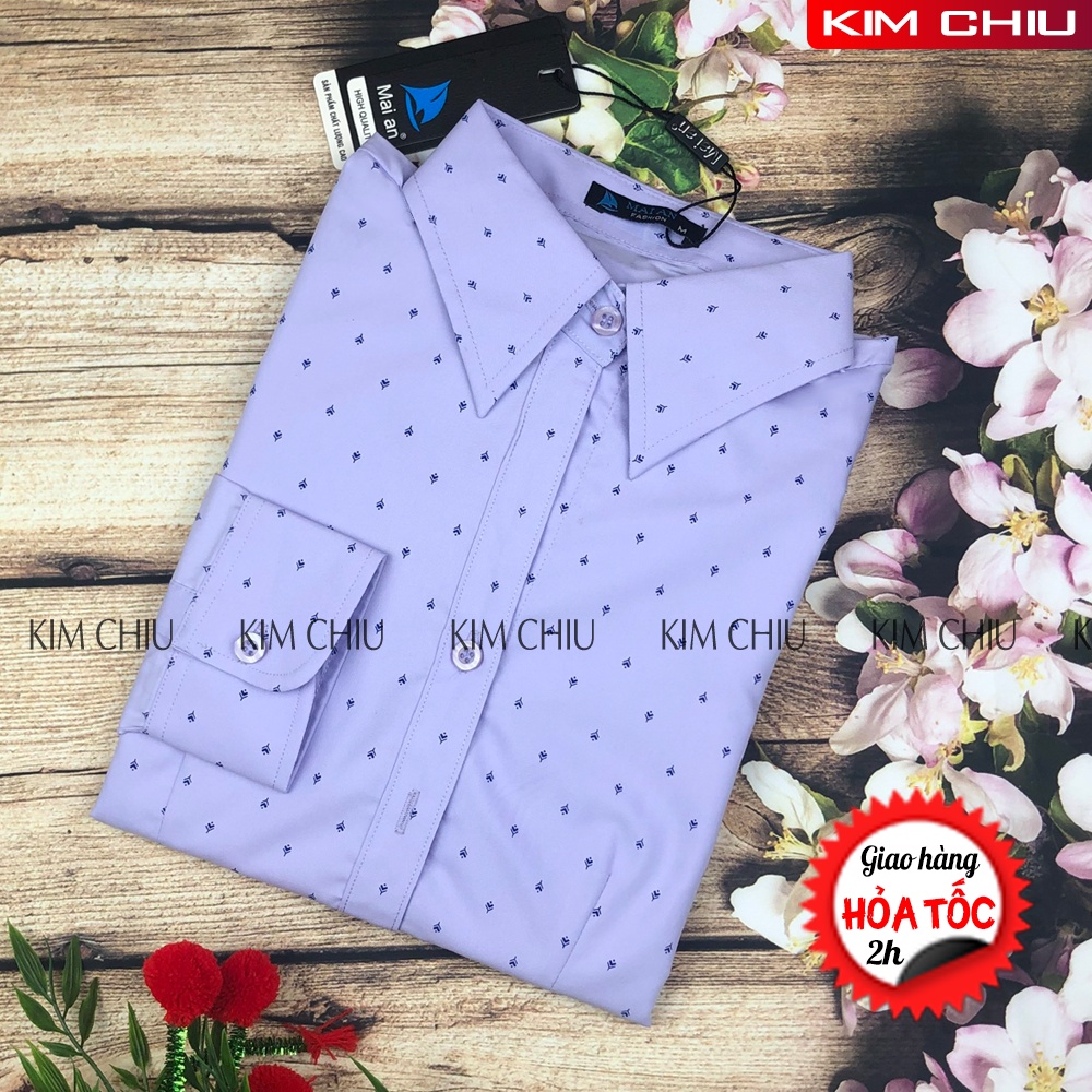Áo Sơ Mi Nữ Công Sở Họa Tiết Cây Thông Nhí Màu Tím, Form Mai An Tay Dài Vải Kate Ý Đẹp Ít Nhăn Giãn Nhẹ. SMTD01