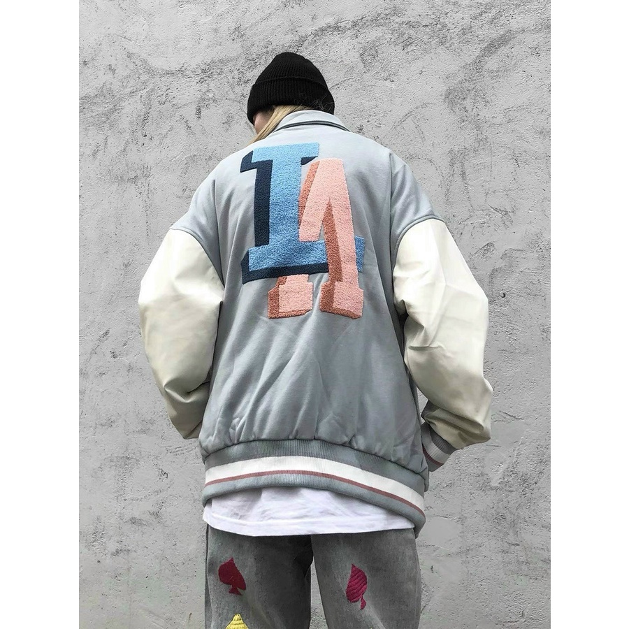 Áo khoác bomber tay da LA mix quần ống rộng cực ngầu vải kaki 2 lớp dày dặn cao cấp phong cách unisex nam nữ bigsize