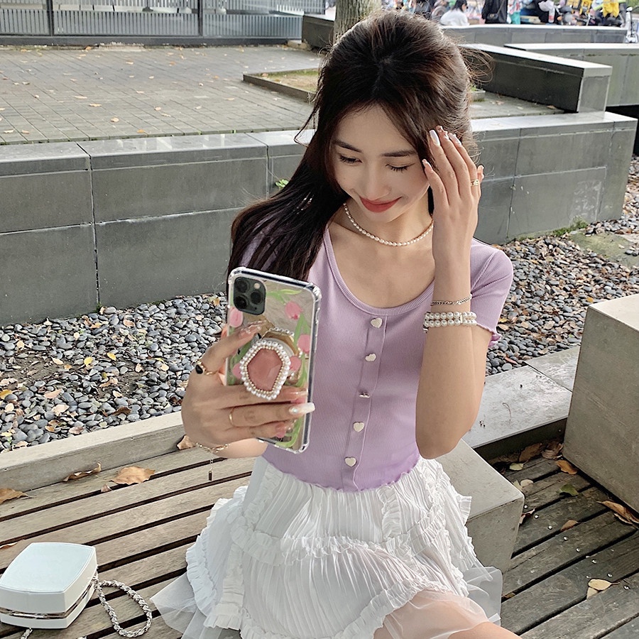 Áo thun ZHELIHANGFEI dệt kim ngắn tay phối hàng nút đơn thời trang dành cho nữ