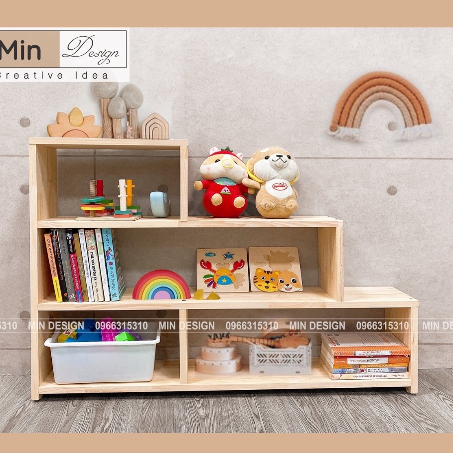 Kệ gỗ đồ chơi, sách vở cho bé theo Montessori, chất liệu gỗ Thông tự nhiên nhập khẩu Zewzeland an toàn cho bé!
