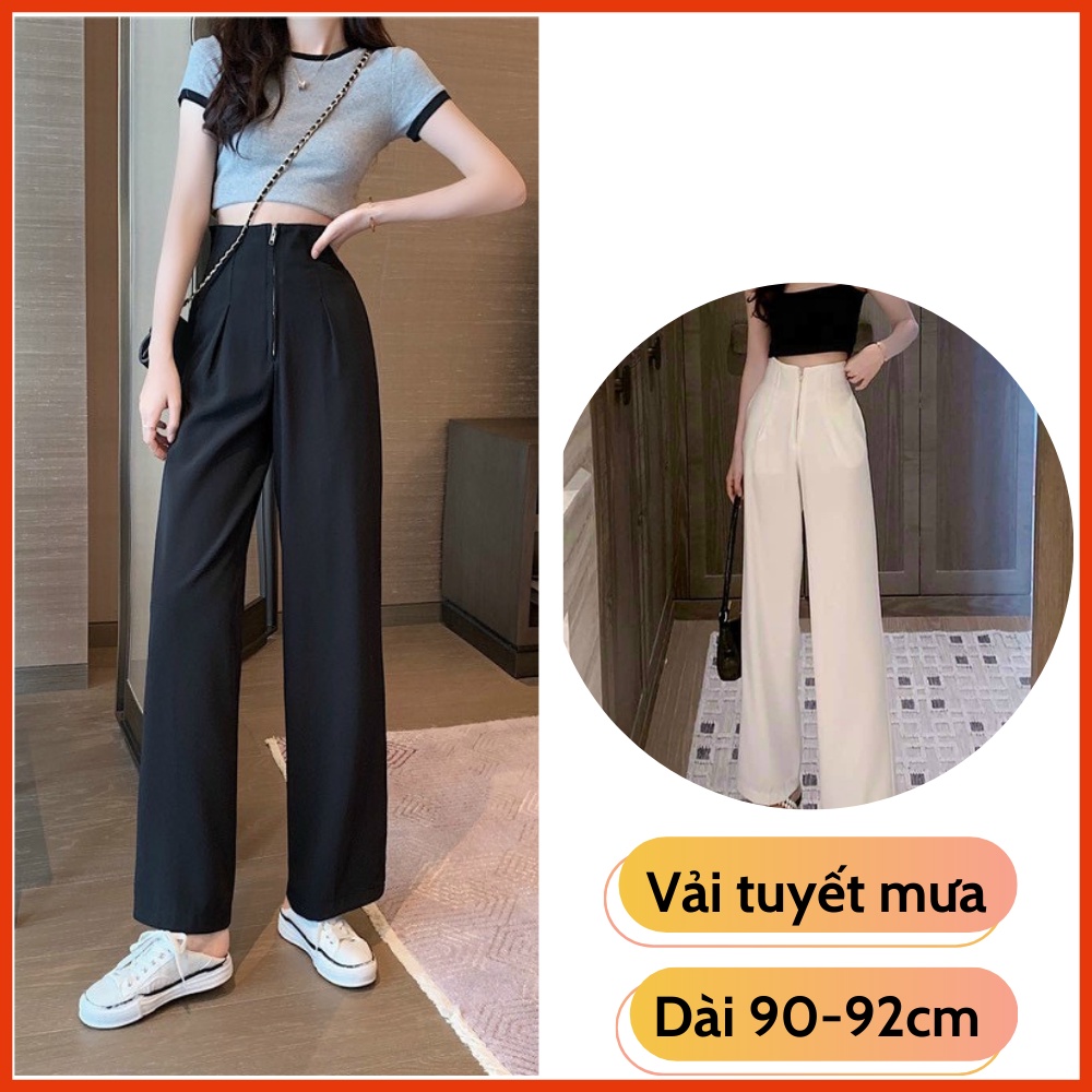 Quần ống rộng nữ cạp cao khóa trứơc giúp tôn dáng, Quần ống suông lưng cao giúp ôm eo đủ size