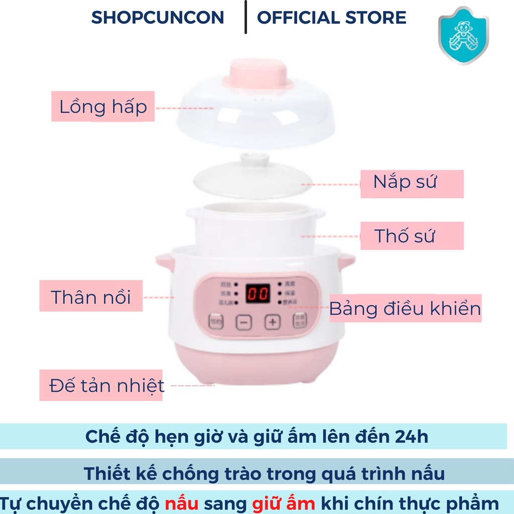 Nồi nấu cháo chậm cho bé ăn dặm Bear Nồi nấu chậm có lồng hấp Kichilachi 0,8l