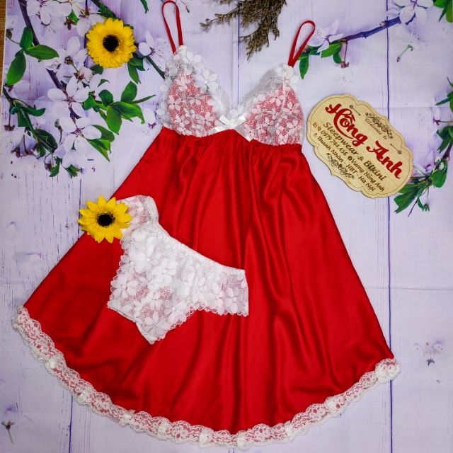 váy ngủ lụa satin kèm quần lót sexy gợi cảm