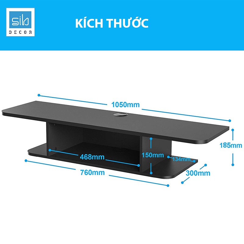 Kệ Trang Trí Tivi 2 Tầng SIB Decor Màu Đen Hiện Đại Nhỏ Gọn Cho Phòng Khách, Phòng Ngủ, Có 02 Nắp Luồn Dây Điện