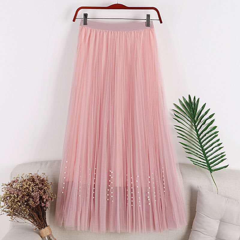 Chân Váy Maxi Dài 80cm Lưng Cao Xếp Ly Màu Hồng Thời Trang Mùa Hè Cho Nữ