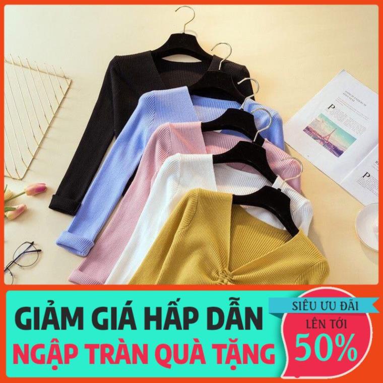 XẢ Áo Thun Gân Tay Dài Cổ V Phối Dây Rút Giữa Cá Tính TTSL0234