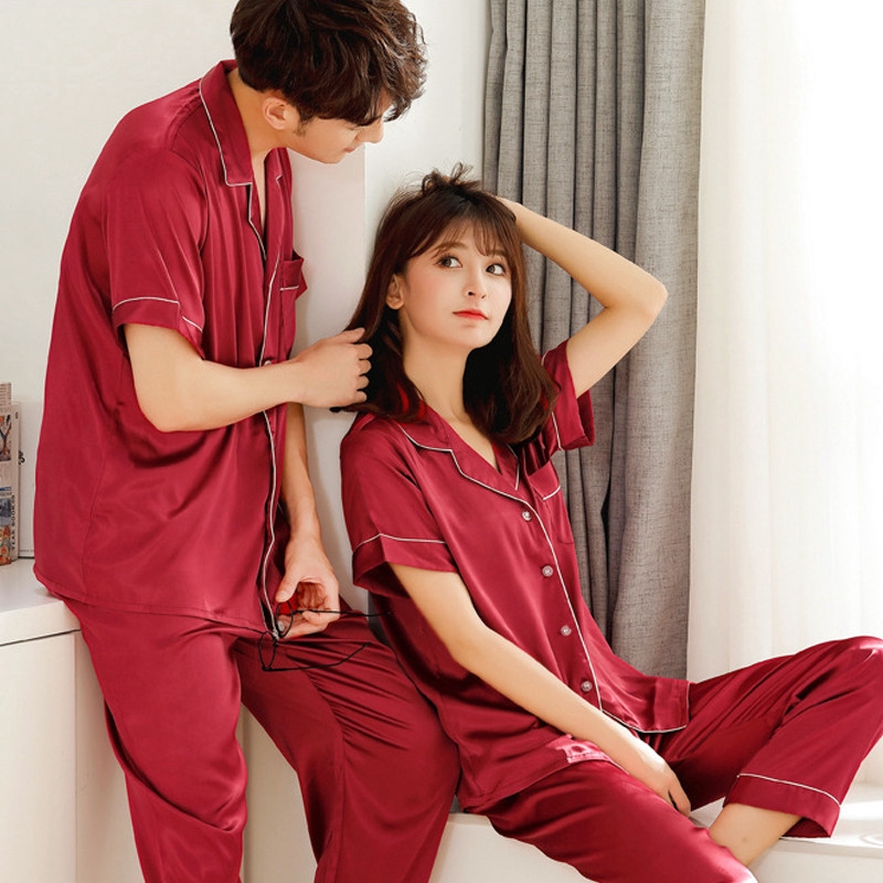 Set Đồ Ngủ Pijama Ngắn Tay Vải Phi Bóng Cho Cặp Đôi Size M-5Xl