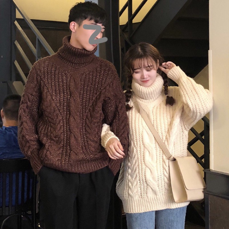 áo len ulzzang cao cổ dày áo len thừng cổ lọ gấp áo len đôi nữ đẹp dáng rộng tay dài màu be sữa nâu kiểu hàn quốc