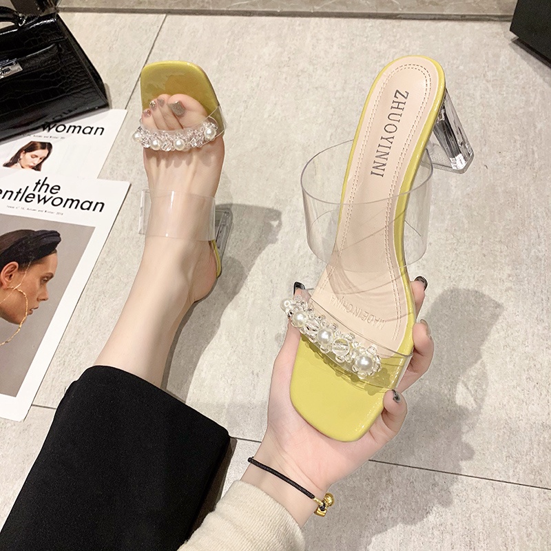 □☑Net celebrity slippers women wear fashionable personality outside in summer, transparent rhinestone thick heel super fire fairy style with skirt high heels