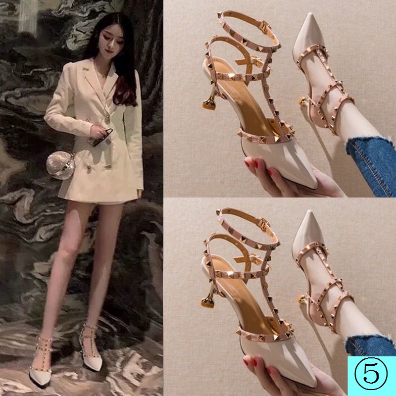 Giày Sandal Cao Gót Mũi Nhọn Đính Đinh Tán Quyến Rũ Thời Trang Mùa Hè Mẫu Mới 2021 Dành Cho Nữ