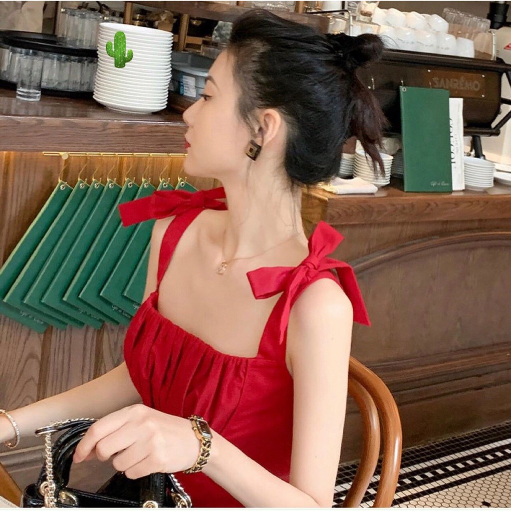 Áo Kiểu Tiểu Thư Hai Dây Cột Nơ Nhúng Kiểu