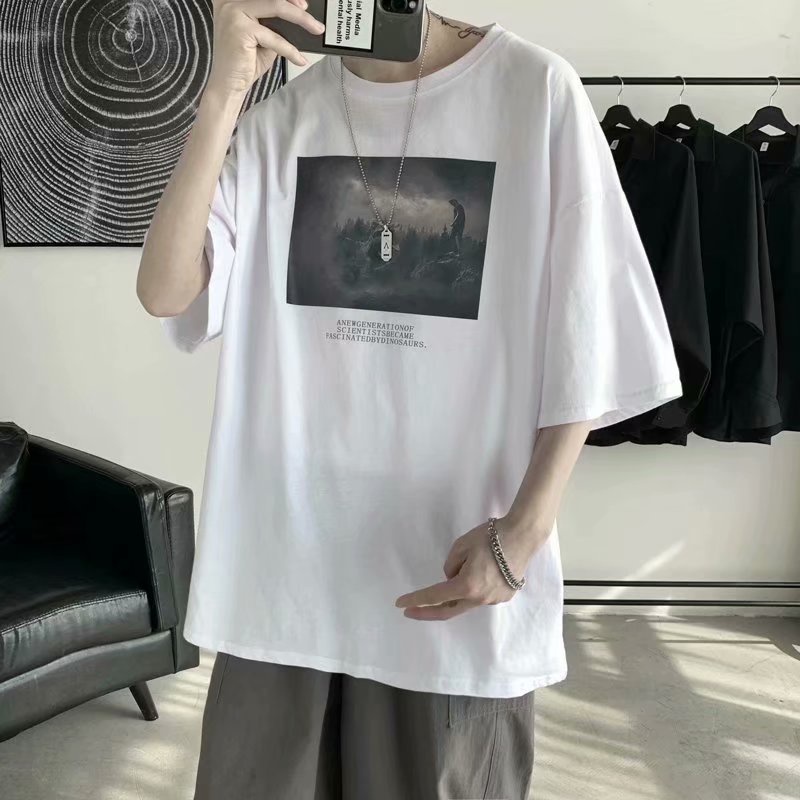 Áo thun tay ngắn dáng rộng in họa tiết thời trang phong cách Hàn Quốc cho nam size M-5XL