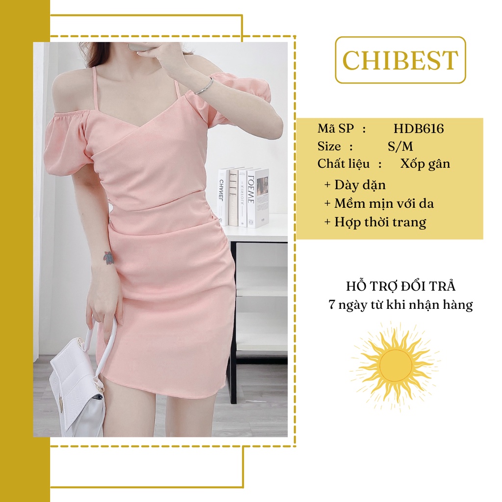 Đầm body 2 dây phối tay phồng rớt vai kiểu nhún eo ôm hông tôn dáng CHIBEST HDB616