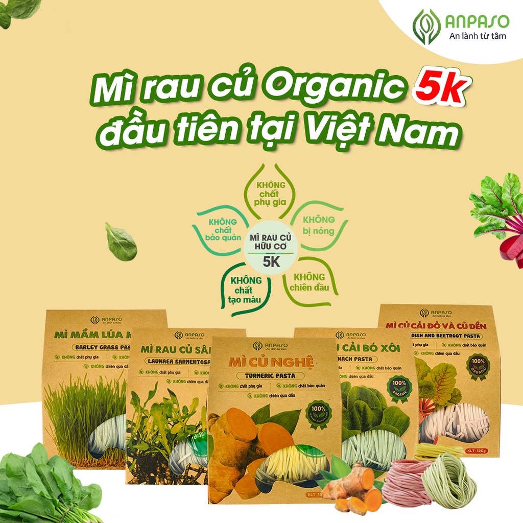 Mì Hữu Cơ Giảm Cân Organic Rau Củ Mầm Lúa Mạch Anpaso, Eat clean, ăn chay, không chiên nóng, tốt cho tiêu hóa 300g