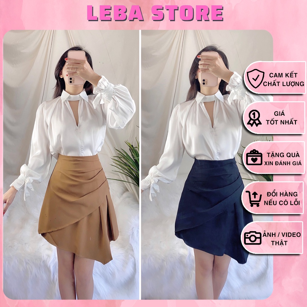 Áo sơ mi trắng công sở, chân váy ngắn xếp, áo lụa, áo sơmi kiểu tay dài, đi làm, chân váy chữ A, set áo mix váy tiểu thư