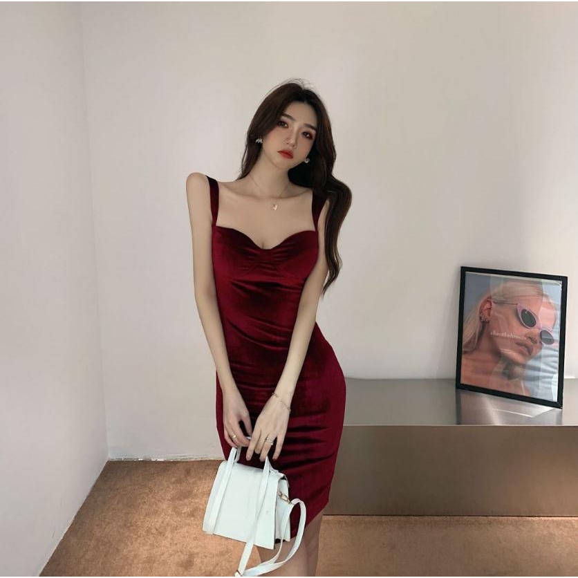 [MURIOKI] Đầm Nhung Hai Dây Ôm Dáng Họa Tiết Hoa Hồng Phong Cách Pháp Thời Trang Cao Cấp Quyến Rũ Cho Nữ