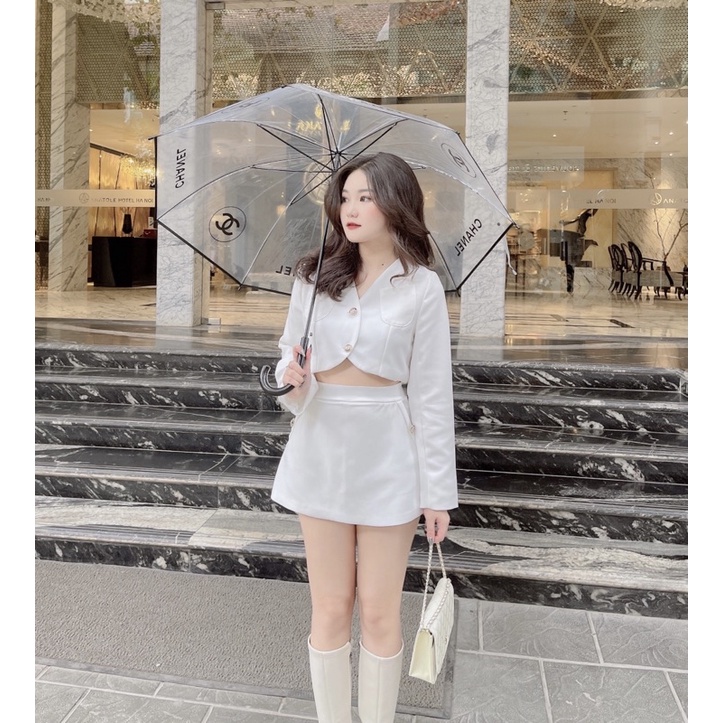 Set trơn áo crop, cv chữ A (Đen/trắng)