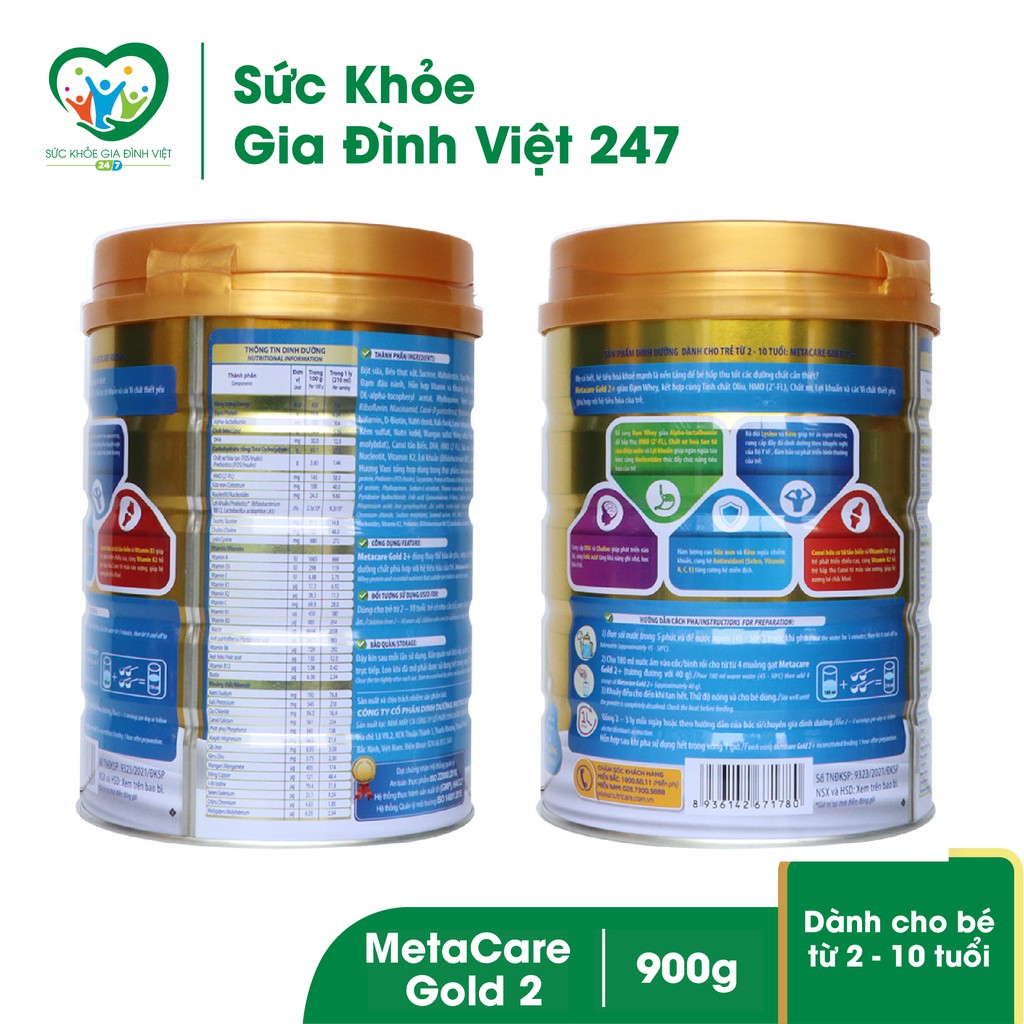 Sữa MetaCare Gold 2+ 900G - Tiêu hóa khỏe tăng hấp thu