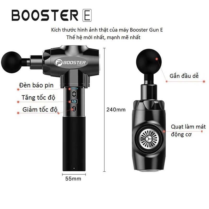 Máy  massage cầm tay 9 tốc độ trị đau nhức giãn cơ Fascial Gun BOOSTER E - 135W, 6 đầu - CHÍNH HÃNG