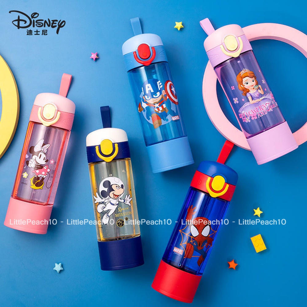 Bình nước Disney tu miệng thon dài đáy vặn nắp cao cấp hình Minnie Captain Spiderman 460ml cho bé