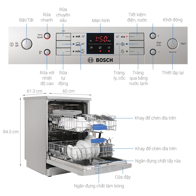SMS63L08EA - Máy rửa chén độc lập Bosch series 6 HMH.SMS63L08EA Chức năng rửa nhanh, Sấy khô kĩ hơn, vệ sinh máy