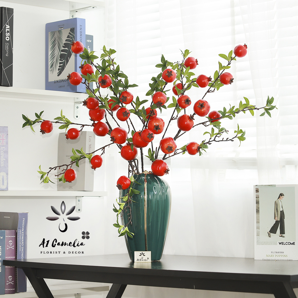 Hoa Decor - Combo Bình Mạ Vàng và 5 Cành Lựu Cao Cấp Chính Hãng Camelia, Hoa Decor Sang Trọng Trang Trí Nhà Cửa Siêu Đẹp