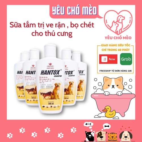 Sữa tắm cho chó mèo Hantox 200ml - Sữa tắm trị ve, rận, bọ chét, ký sinh trùng, ghẻ ngứa