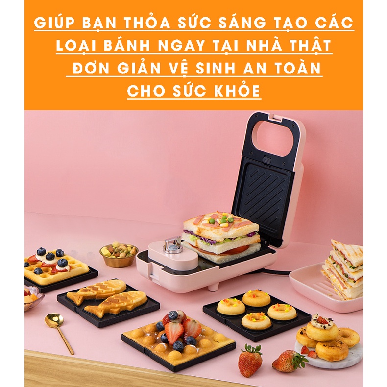 Máy Kẹp Nướng Bánh Mì Sandwich,Waffle Ăn Sáng Cao Cấp Đa Năng Tiện Lợi 650W Kèm 2 Đôi Khuôn Sẵn (Tặng ổ 3 chân sang 2)