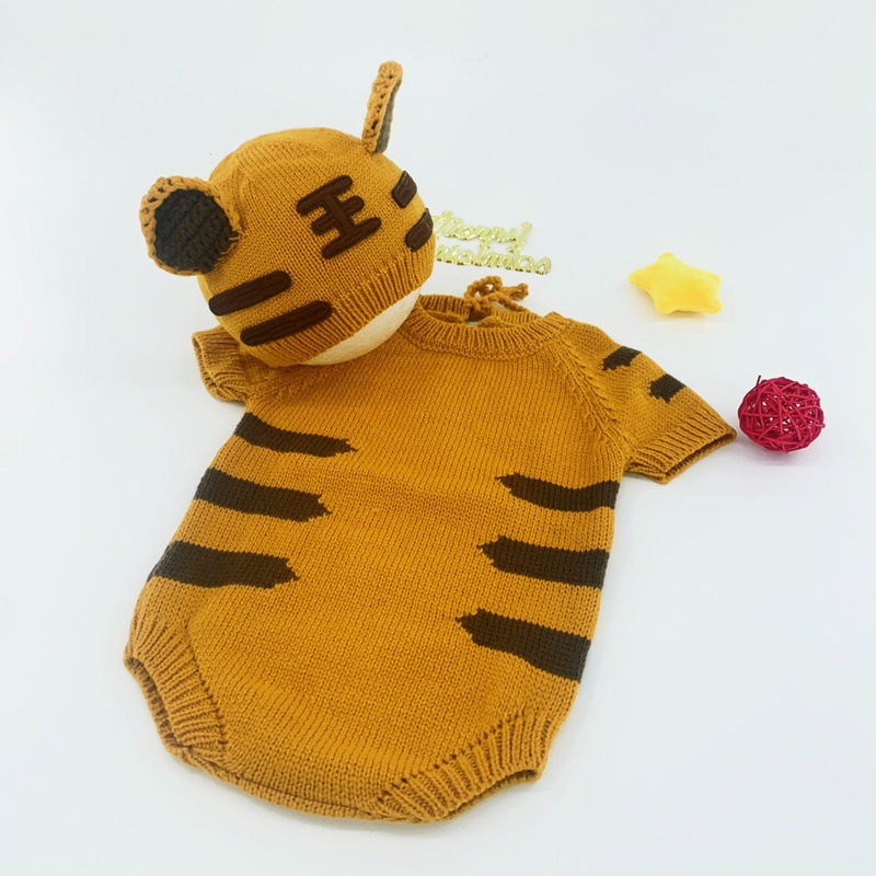 Set 2 Món Áo Liền Quần + Mũ Dệt Kim Hình Chú Hổ Dễ Thương Dùng Làm Đạo Cụ Chụp Ảnh Cho Bé Sơ Sinh