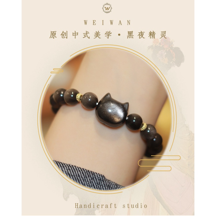 [Hàng Mới] Vòng Đeo Tay Chuỗi Hạt Đá Obsidian Hình Đầu Mèo Độc Đáo