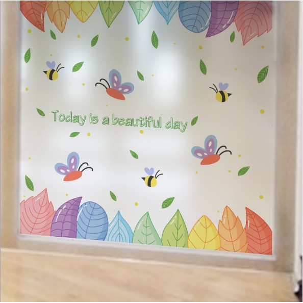 Decal dán kính cao cấp - Viền Lá Sắc Màu ( 60x58cm )