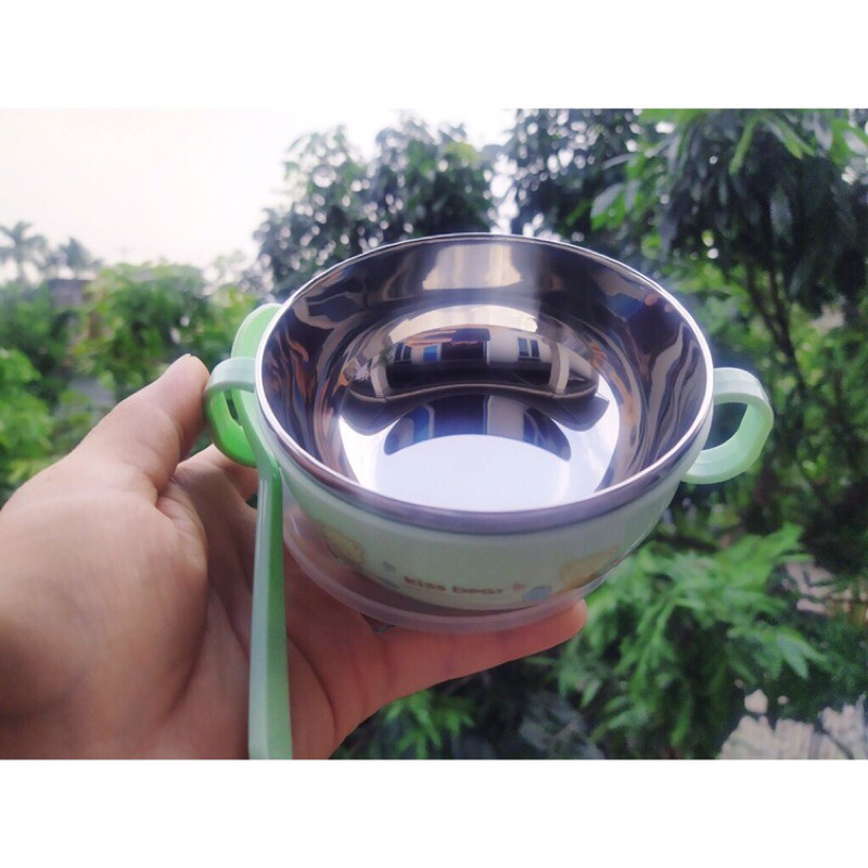 Bát ăn dặm giữ nhiệt 2 lớp ruột inox kèm thìa và nắp đậy có 2 tai cầm cho bé