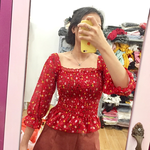 Free Ship_Áo Kiểu Nữ hoa nhí bo chun nhún eo Chất voan Tay Vạt áo Bánh bèo_Kèm video + ảnh Thật