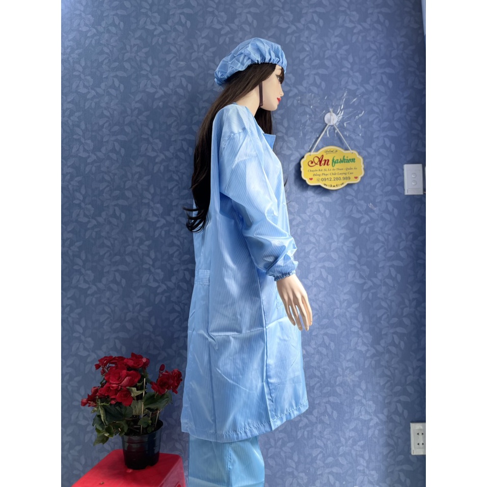 Áo Blouse phòng sạch chống tĩnh điện màu xanh gài nút dùng trong phòng lab _ Hình chụp thật