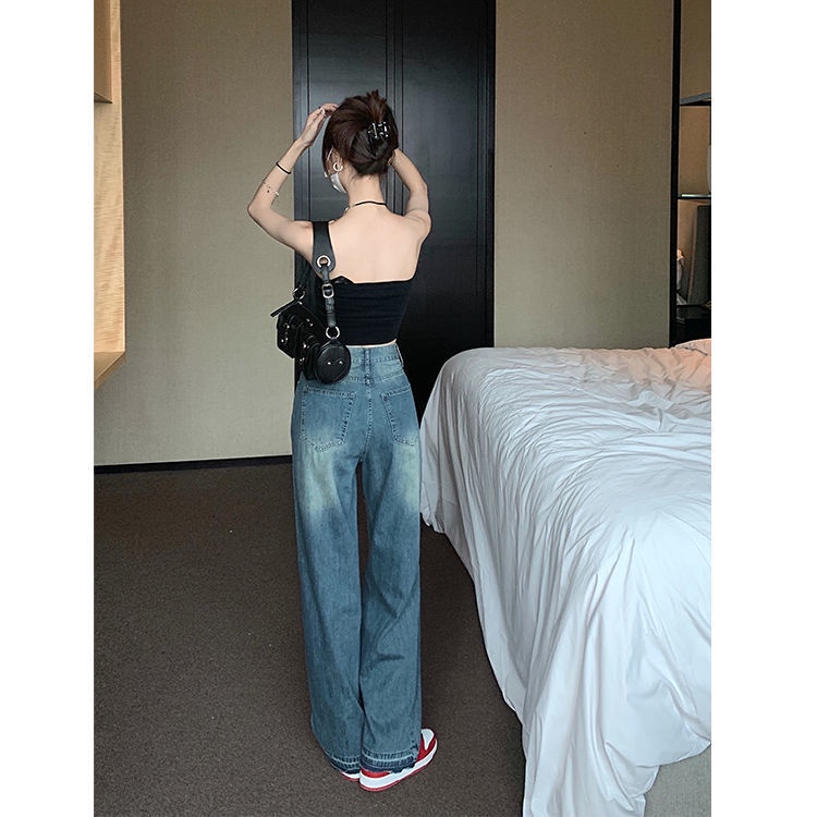 Jiashucheng Hàng Có Sẵn Quần Jean Rách Lưng Cao Dáng Rộng Phong Cách Retro Đường Phố Hàn Quốc Mùa Hè Cho Nữ