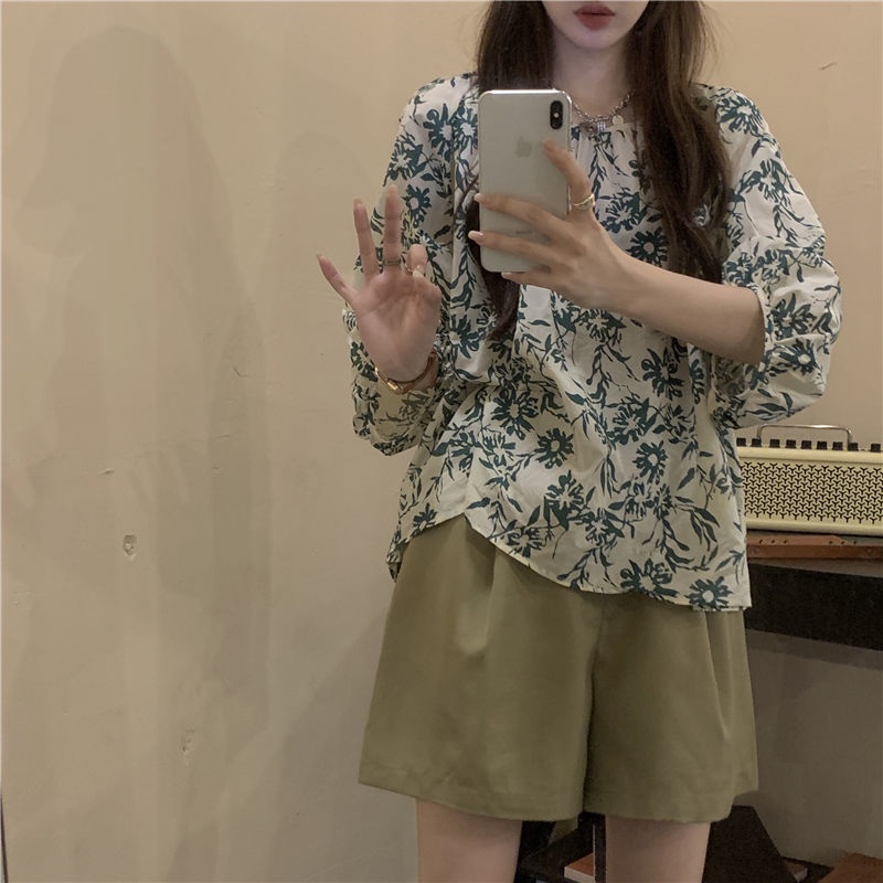 Bộ Đồ 156869Set Áo Sơ Mi Hoa Và Quần Short Phong Cách Retro