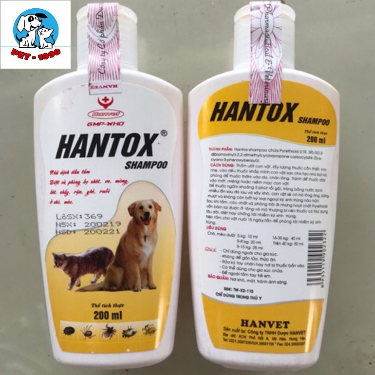 Sữa Tắm Hantox Shampoo 200ml T.rị Ve Rận, Bọ Chét, Kháng Khuẩn Ngoài Da Chó Mèo