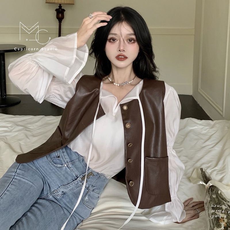 Set áo sơ mi bay và áo gile da màu nâu cá tính phong cách Ulzzang