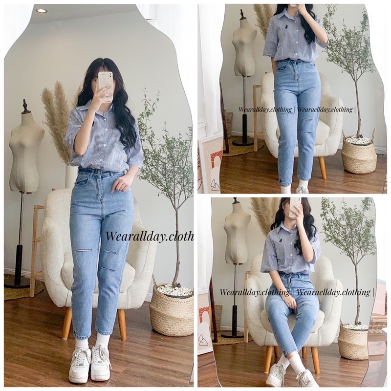Quần bò nữ baggy cạp cao rách ngang siêu tôn dáng Quảng Châu loại 1 by WEARALLDAY