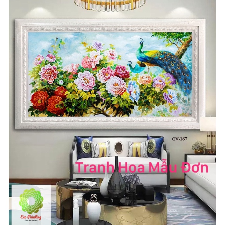 Tranh in sơn dầu," Tranh hoa mẫu đơn đẹp ", tỉ lệ 16:9, kích thước: 30x53cm; 40x71cm; 50x89cm; 60x107cm
