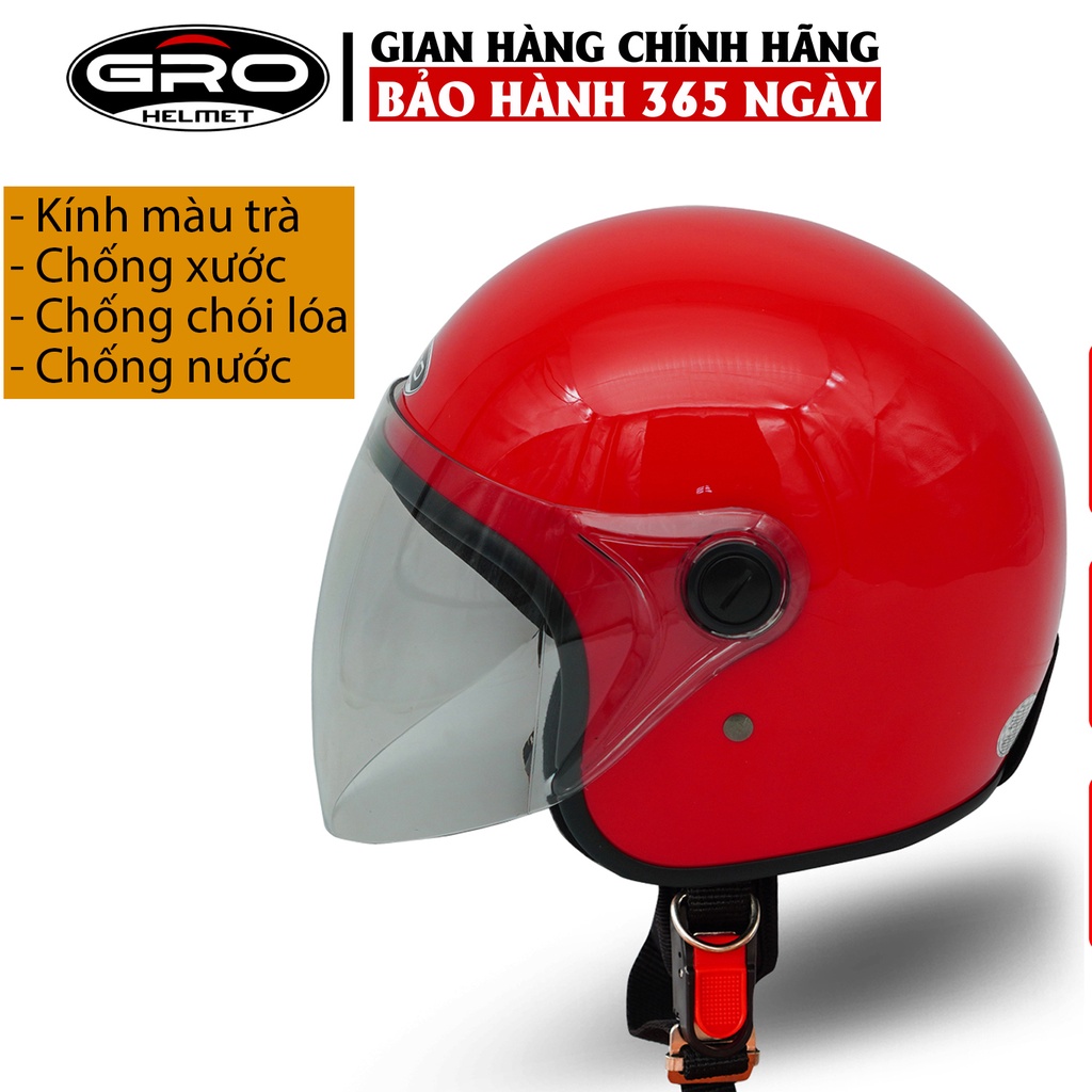 Mũ Bảo Hiểm 3/4 đầu GRO Helmet T818 có kính dài che cả mặt, kiểu dáng thời trang cho nữ, khóa kim loại - Đỏ Tươi
