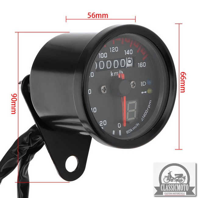 ĐỒNG HỒ XE MÁY - Đồng hồ độ đo km classic màu đen có kèm báo số và 2 đèn báo chức năng cơ bản