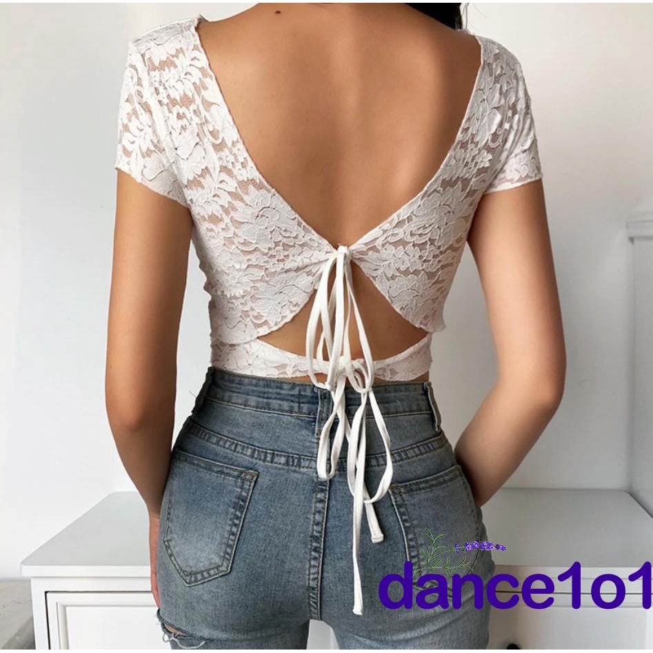 Áo croptop tay ngắn phối ren hoa xinh xắn gợi cảm dành cho nữ